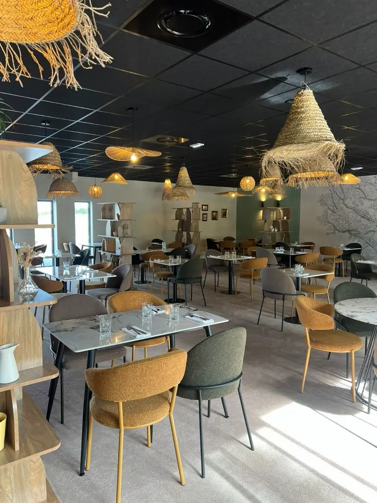 Étagères en bois garnies de vaisselle ancienne et de plantes, séparant les tables de la salle