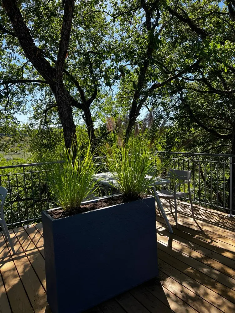 Jardinière de graminées sur la terrasse, ouverte sur la vallée et les arbres